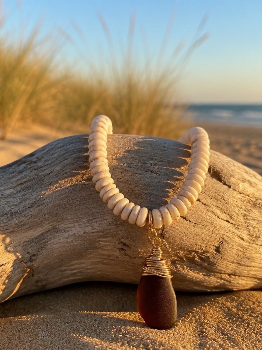 Handmade Cream Shell Necklace with Brown Sea Glass Pendant